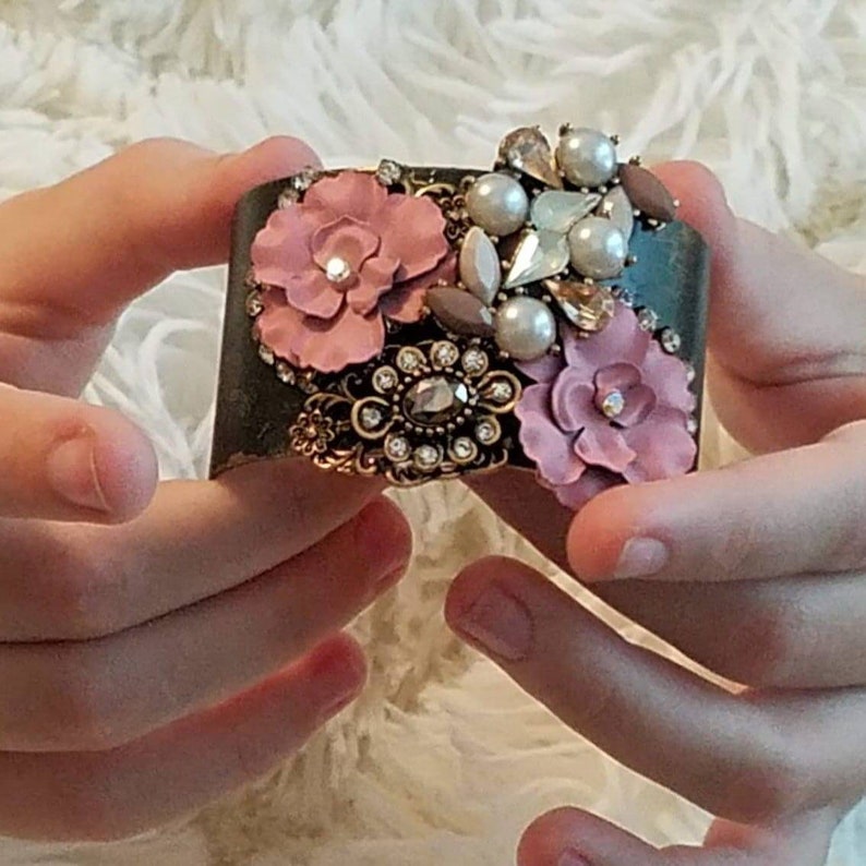 Art Deco Rhinestone embellished cuff bracelet Reconstructed vintage jewelry Wedding romantic fantasy bridal bridesmaid gift luxe hardware