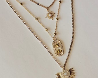 Unique Three-in-One gold Necklace Featuring Opal Starburt & Evil Eye Pendants