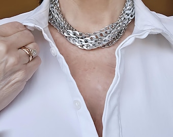 Large Link, Stainless Steel Choker Necklace- Chunky Silver Cuban Curb Chain, and O Rings-Large Chunky Chain-Handmade Jewelry
