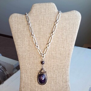 Large Amethyst Pendant, long handmade necklace in Silver finished setting and oval link chunky chain, Handcrafted Statement Necklace image 6