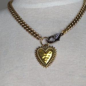 Gold Curb Chain Necklace with Hammered Brass  Heart and Oversized sparkly Lobster Clasp - Glam Jewelry