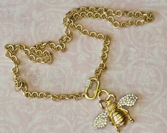 CZ French Bee Pendant with Carabiner Pave Lock Clasp - Gold Plated Cable Chain, handmade necklace