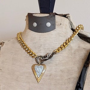 Chunky Curb Chain Necklace with Glittering Pave Heart and Oversized sparkly Lobster Clasp Glam Jewelry image 9