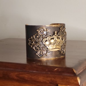 Handmade jewelry, Wide Cuff Bracelet, Royal Crown Assemblage Cuff Bracelet, vintage glam Brass Artisan Cuff, OOAK statement cuff image 5