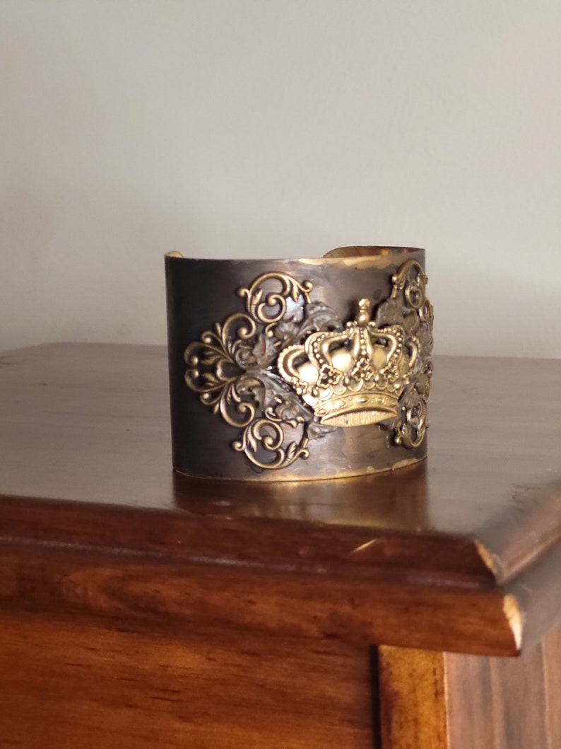 Handmade jewelry, Wide Cuff Bracelet, Royal Crown Assemblage Cuff Bracelet, vintage glam Brass Artisan Cuff, OOAK statement cuff image 5