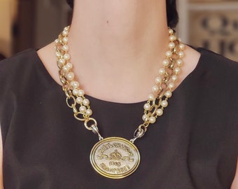 Elegant French Coin Necklace with Double Pearl Strands and Chunky Gold Chain – Heirloom Quality