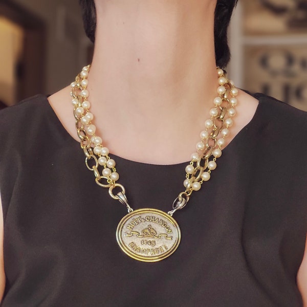 Elegant French Coin Necklace with Double Pearl Strands and Chunky Gold Chain – Heirloom Quality