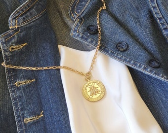 Gold French Bee Coin Pendant on Delicate Box Chain, Handcrafted Necklace