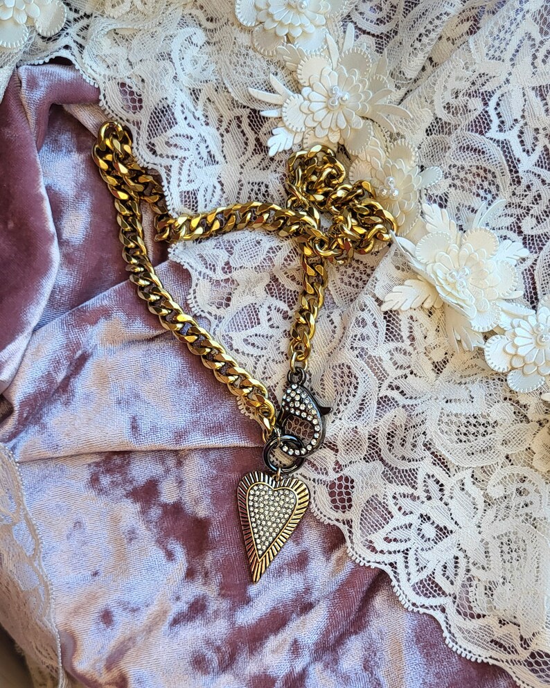 Chunky Curb Chain Necklace with Glittering Pave Heart and Oversized sparkly Lobster Clasp Glam Jewelry image 8