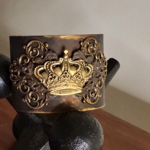 Handmade jewelry, Wide Cuff Bracelet, Royal Crown Assemblage Cuff Bracelet, vintage glam Brass Artisan Cuff, OOAK statement cuff image 1