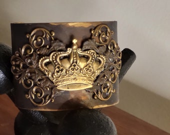 Handmade jewelry, Wide Cuff Bracelet, Royal Crown Assemblage Cuff Bracelet, vintage glam Brass Artisan Cuff, OOAK statement cuff