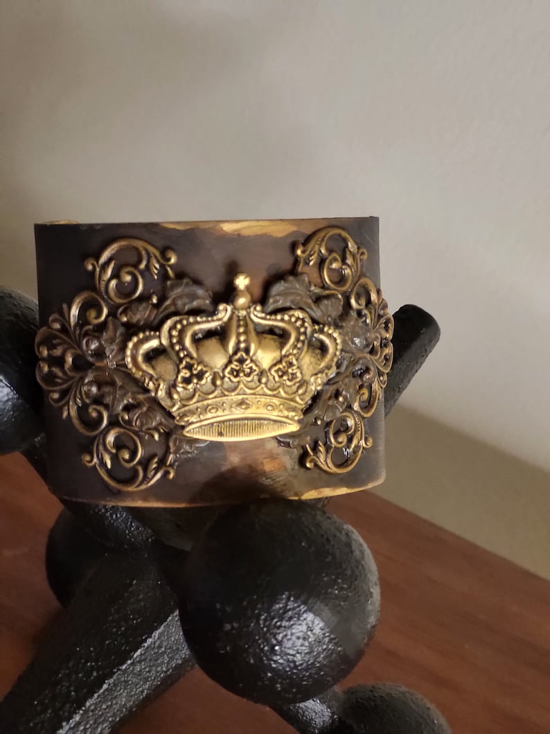 Handmade jewelry, Wide Cuff Bracelet, Royal Crown Assemblage Cuff Bracelet, vintage glam Brass Artisan Cuff, OOAK statement cuff image 1