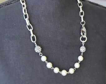 Handcrafted Pearl Necklace with Chunky Silver Chain and Shimmering Swarovski Crystals