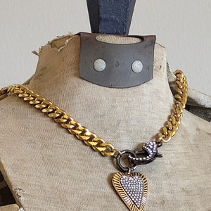 Chunky Curb Chain Necklace with Glittering Pave Heart and Oversized sparkly Lobster Clasp Glam Jewelry image 6