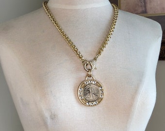 Handcrafted Chunky Gold Necklace with Inlaid Rhinestones & Liberty Coin Replica Rococo Glam Jewelry