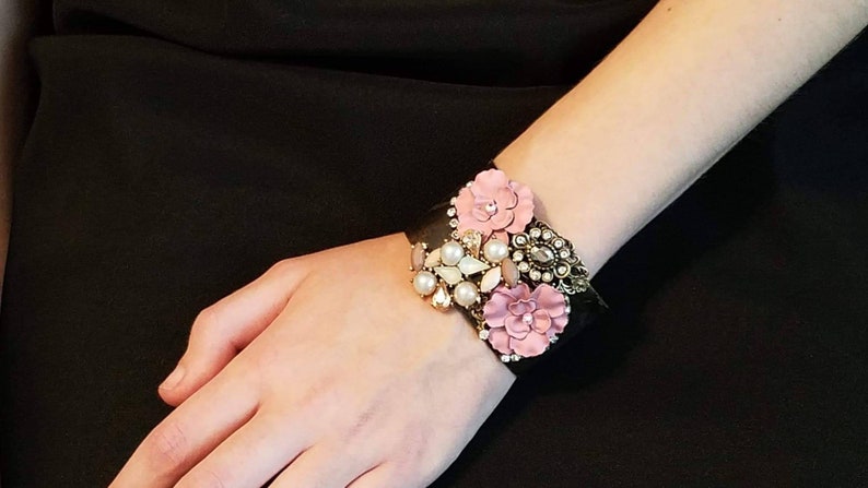 Art Deco Rhinestone embellished cuff bracelet Reconstructed vintage jewelry Wedding romantic fantasy bridal bridesmaid gift luxe hardware
