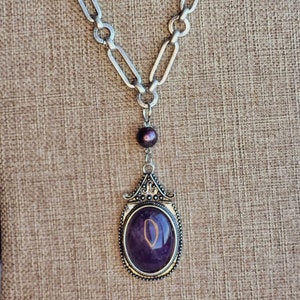 Large Amethyst Pendant, long handmade necklace in Silver finished setting and oval link chunky chain, Handcrafted Statement Necklace image 3