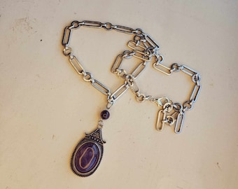 Large Amethyst Pendant, long handmade necklace in Silver finished setting and oval link chunky chain, Handcrafted Statement Necklace