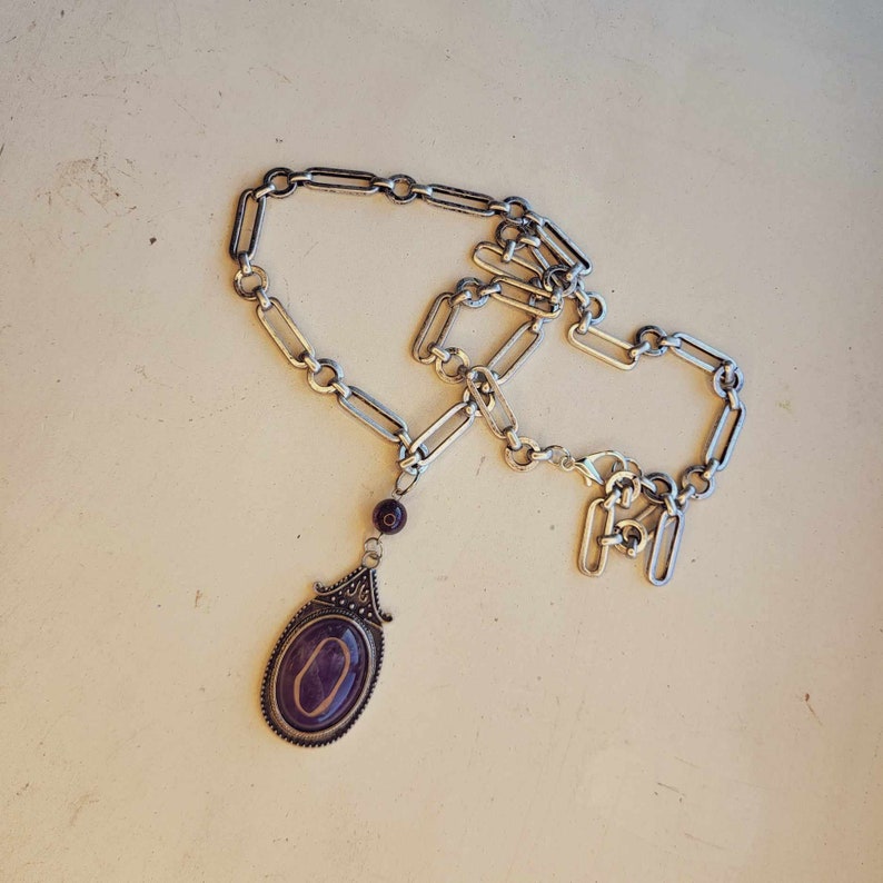 Large Amethyst Pendant, long handmade necklace in Silver finished setting and oval link chunky chain, Handcrafted Statement Necklace image 1