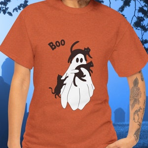 Boo Black Cats with Ghost T-shirt Unisex Heavy Cotton Tee Gift for Cat Lover