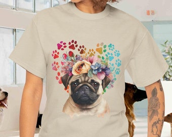Mom Pug Flower T-shirt Unisex Heavy Cotton Tee Gift for Pug Mama