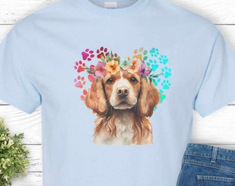 Hondenshirt, T-shirt spaniël bloemen, uniseks zwaar katoenen T-shirt, lenteshirt in 4 kleuren