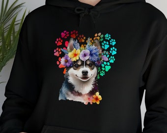 Husky with Flowers Unisex Heavy Blend Hooded Sweatshirt Dog Mama Hoodie