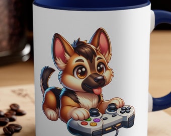 German Shepard Playing Video Games Hot Chocolate Mug Coffee Cup for Dog Lover Accent Coffee Mug, 11oz Gift for Dad