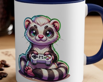 Ferret Playing Video Games Hot Chocolate Mug Coffee Cup for Dog Lover Accent Coffee Mug, 11oz Gift for Dad