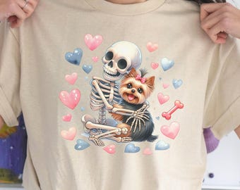Yorkie Skeleton Hug Halloween Vibes Mom Dog T-shirt Unisex Heavy Cotton Tee Gift for Mom