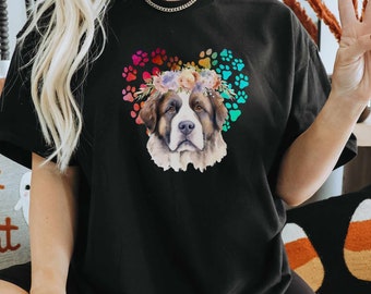 St. Bernard Dog with flowers T-shirt Unisex Heavy Cotton Tee