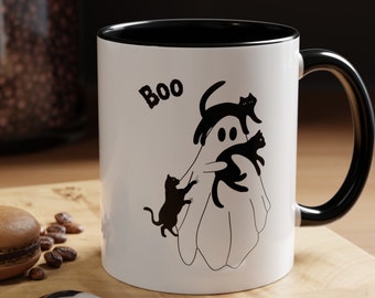 Ghost Cat Halloween Cup Hot Chocolate Mug Coffee Cup for Cat Lover Accent Coffee Mug, 11oz Gift for Mom