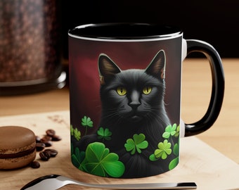 Black Cat Irish St. Patrick's Day Hot Chocolate Mug Coffee Cup for Cat Lover Accent Coffee Mug, 11oz