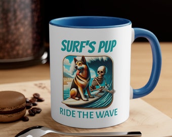 Surfing Dog Hot Chocolate Mug Coffee Cup for Dog Lover Accent Coffee Mug, 11oz Gift for Mom