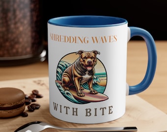 Surfing Pitbull Hot Chocolate Mug Coffee Cup for Dog Lover Accent Coffee Mug, 11oz Gift for Mom