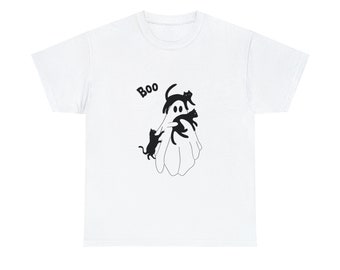 Boo Black Cats with Ghost T-shirt Unisex Heavy Cotton Tee