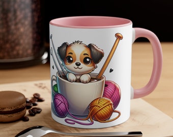 Knitting Coffee Dogs Hot Chocolate Mug Coffee Cup for Dog Lover Accent Coffee Mug, 11oz Gift for Mom