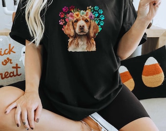 Spaniel Dog with Flowers T-shirt Unisex Heavy Cotton Tee