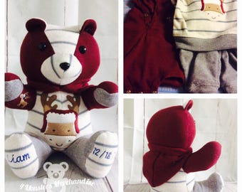 Memory Bear   ( medium, 3 sleeper Bear) Keepsake Teddy Bear, Baby Personalized Gift, Memorial Gift, bear from clothes, bear from sleepers