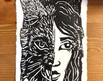 Hand-Carved Linocut Print: She-Wolf on Handmade Deckle Edge Paper