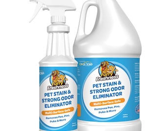 Paquete de inicio para quitar manchas y olores de mascotas FurryFreshness, bronce: elimina manchas y olores de forma permanente, 100 % garantizado, galón y 32 oz