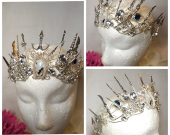 Rainbow moonstone silver coated wire crown with mini swords for weddings, ballet, cosplay and festivals