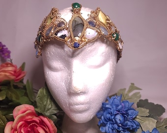 Brass and copper highly decorated Crown with Labradorite and rainbow moonstone center