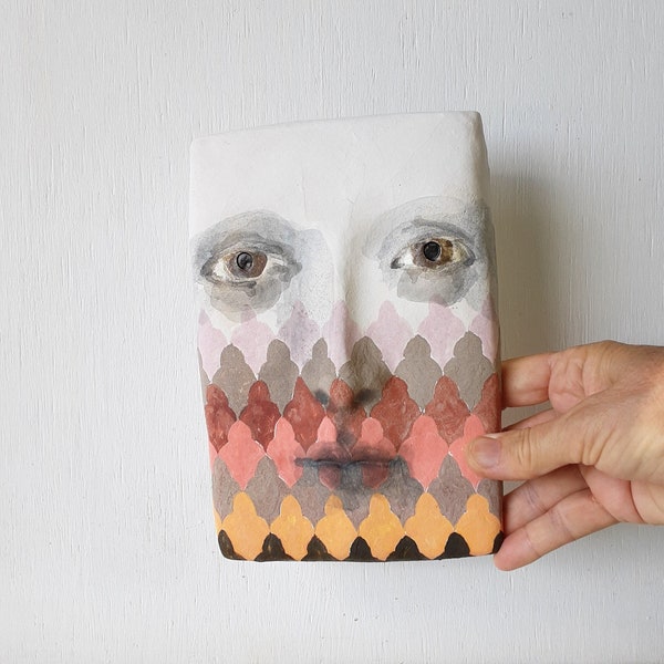 Female wall sculpture with bargello pattern face, classic ceramic decor in muted colors, boho art tile, girlfriend gift