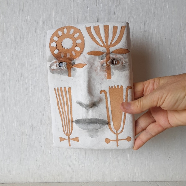 Pottery wall art, white sculpture head with flowers, modern art tile face, contemporary ceramic art mask