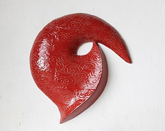 Red Ceramic Asian Wall Sculpture, Embossed Chinese Clouds, Dragon Fang Art, Auspicious Design