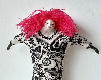 Pink haired female doll, with black on beige embroidered linen body, ceramic head, arms and legs, boudoir decor