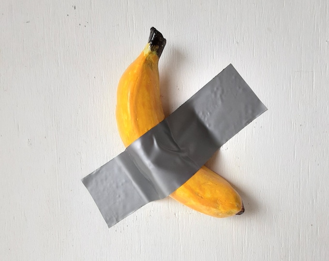 Banana Duct Taped to Wall, Yellow Ceramic Sculpture, Duct Tape Banana