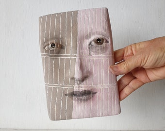 Pink and brown ceramic face mask, quirky pottery wall sculpture for art lover birthday gift or female graduation