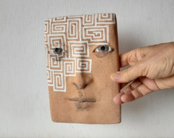 Terracotta female wall mask, modern sculptural ceramic wall decor with meander pattern, art gift from louisefultonstudio